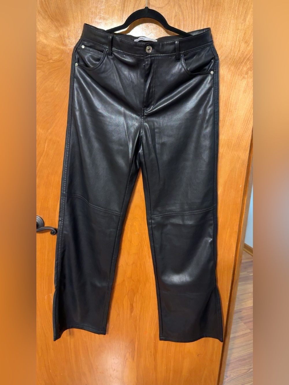 Bershka Black Faux Leather Straight-Leg Trousers